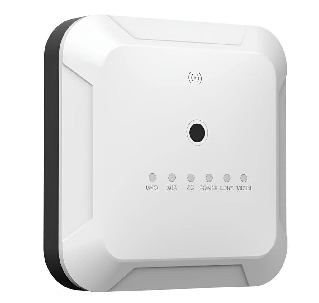 Side view of UWB base station with status indicators.