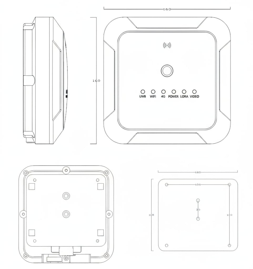 Technical line drawing showing four views of a square electronic device with labeled indicator lights and dimensions marked as 160 mm wide and deep.