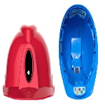 A red hard hat shown upside-down next to a blue hard hat shown from the inside, displaying a QR code and labeled buttons.