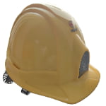 A yellow construction hard hat with a small transparent window on the front and an adjustable strap at the back.