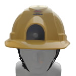 A yellow safety helmet with a front opening, black chin straps, and a logo with Chinese characters on the front, displayed on a mannequin head.