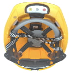 Top view of a yellow safety helmet showing interior straps, head support, and control buttons on the inner front panel.