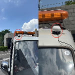 Two side-by-side images show an orange emergency light bar and a dome-shaped device, both mounted on the roof of a vehicle and circled in red.