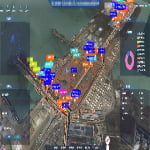 Aerial view of a port with labeled locations and data overlays in Chinese, showing cargo areas, statistics, and a pie chart on the right side of the screen.
