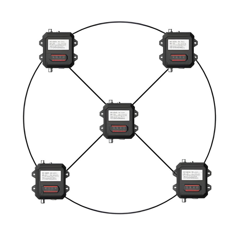 CJ distance measurement terminals forming a five-node mesh topology for industrial positioning