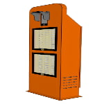 An orange kiosk with two display panels and a card reader at the top, featuring ventilation slots on the lower side.