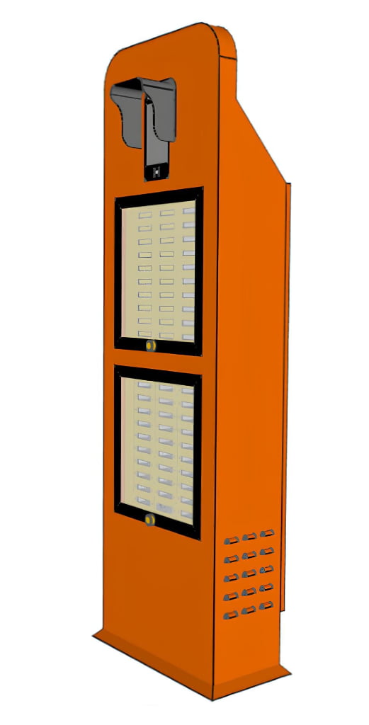 An orange kiosk with two display panels and a card reader at the top, featuring ventilation slots on the lower side.
