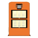 An orange self-service kiosk with a screen at the top, two large touch displays in the center, and a camera or scanner above the screens.