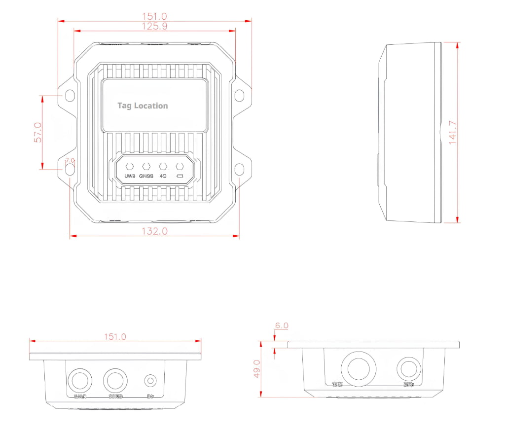 Z collision avoidance radar device dimensions showing front, side, and bottom measurements for installation reference.