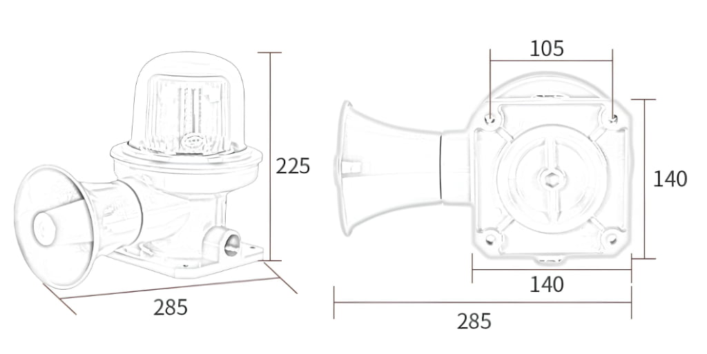 Dimension diagram of the FZ anti-collision audio-visual alarm showing height, width, and mounting structure.