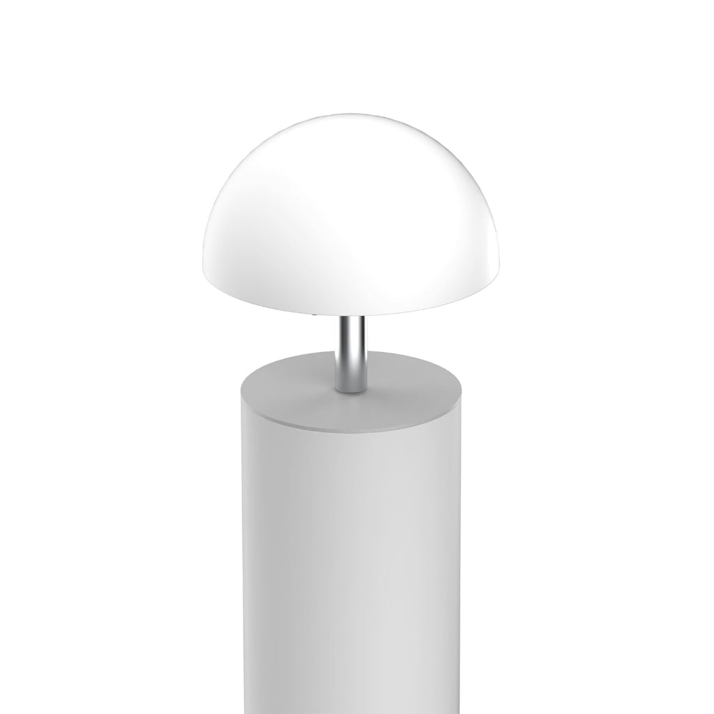 A modern white table lamp with a cylindrical base and a dome-shaped shade, shown against a plain white background.