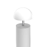 A modern white table lamp with a cylindrical base and a dome-shaped shade, shown against a plain white background.