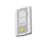 A white electronic device with a small screen displaying text in Chinese, a battery icon, and a yellow SOS button below the screen.