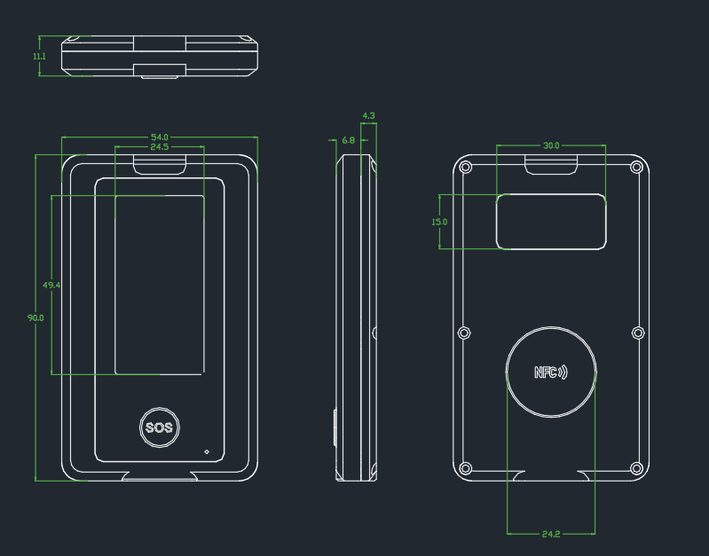 Technical drawing of a rectangular electronic device with front, side, and back views, showing dimensions, an SOS button, and an NFC area.