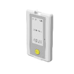 A white rectangular electronic device with a screen displaying text in Chinese, a battery icon, and a yellow SOS button at the bottom.