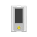 A white rectangular electronic device with a large central screen and a yellow button labeled "SOS" below the screen.