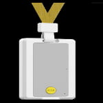 A rectangular white electronic device with a yellow lanyard and a yellow "SOS" button on the lower front.