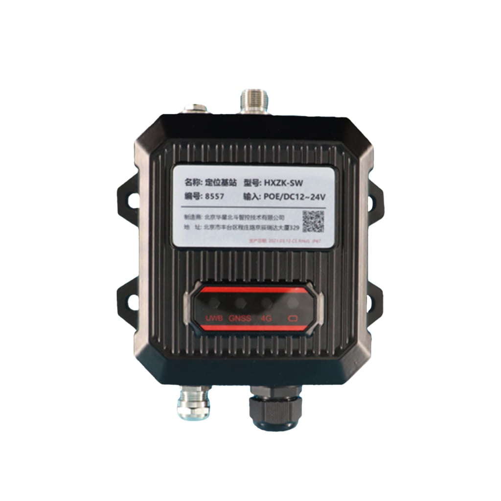 A black SW UWB Anchor device with labeled ports and a sticker showing specs, featuring indicator lights for LWB, GNSS, and 4G.