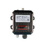 A black SW UWB Anchor device with labeled ports and a sticker showing specs, featuring indicator lights for LWB, GNSS, and 4G.