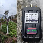 Outdoor JCZD subsidence monitoring base station with solar panel and close-up view of the monitoring terminal.