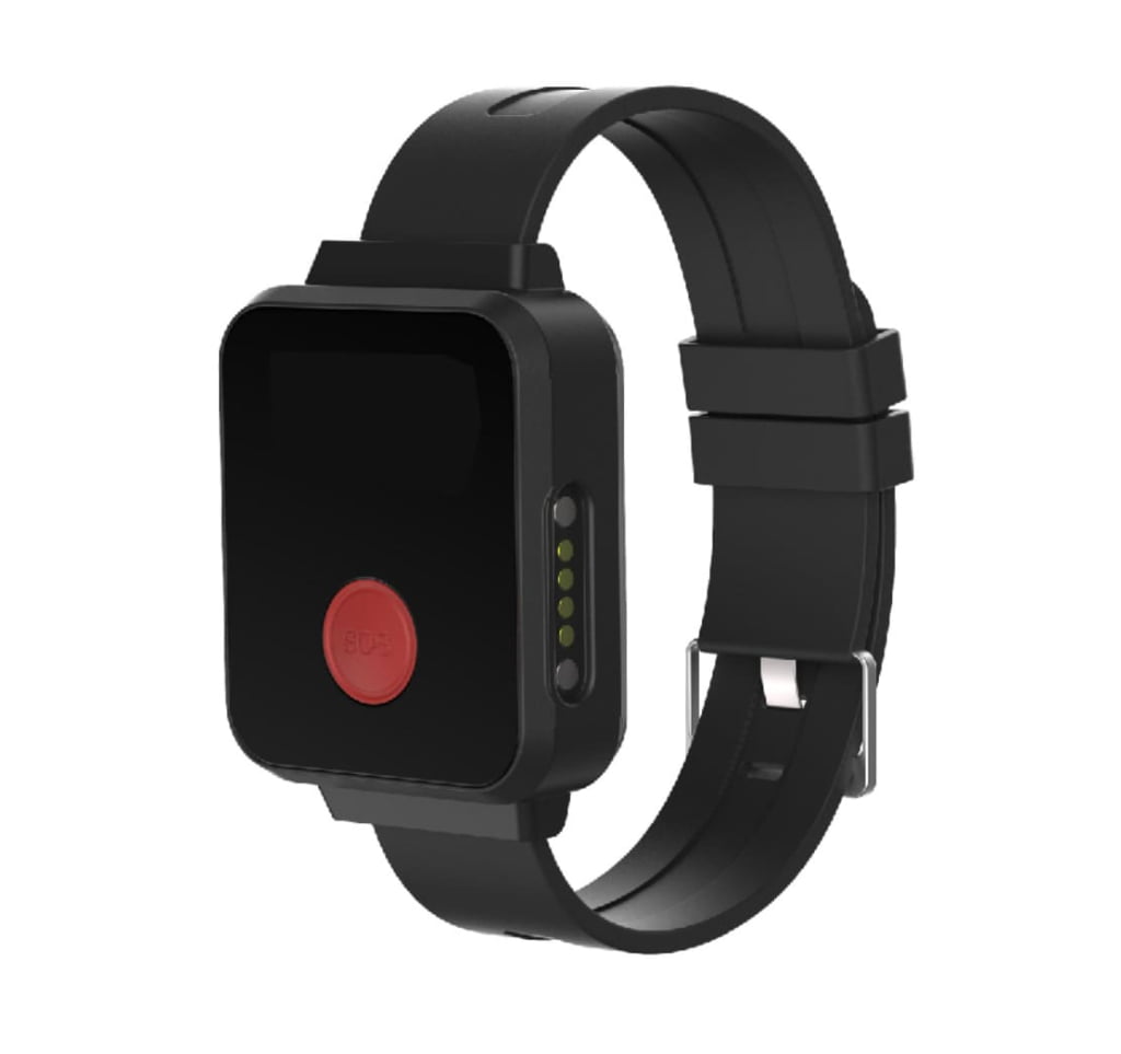 A black smartwatch with a rectangular face, black band, and a prominent red SOS button on the front.