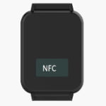 A rectangular black device with a screen displaying the text "NFC" in white letters.