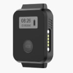 A compact black electronic device with a display showing the time, battery icon, and ID number, featuring an SOS button and indicator lights on the side.