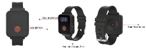 Three views of a black smartwatch showing the SOS button, optional screen, magnetic charging port, and heart rate sensor labeled with red pointers.