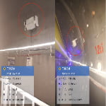 Two photos show a white electronic device mounted on the wall inside a tunnel, each circled in red. Below each image is a construction record with date, location, and project details.