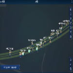 A digital map shows multiple cartoon figures labeled with Chinese names and codes positioned along green parallel lines, with coordinates X:120.2444, Y:36.0505 displayed at the bottom.
