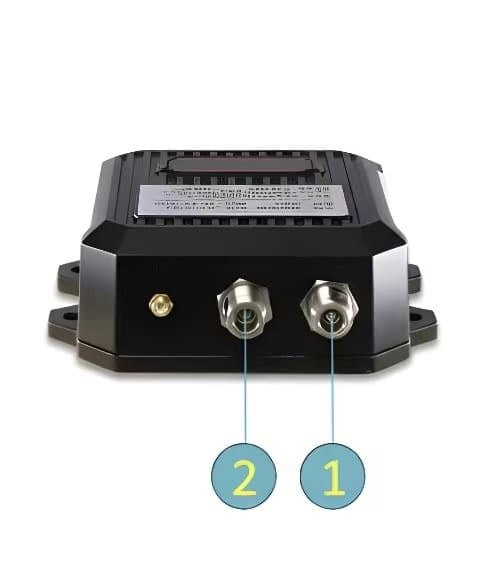 A black STD Dual channel base station with two ports on the front, each labeled with blue circles containing numbers 1 and 2.