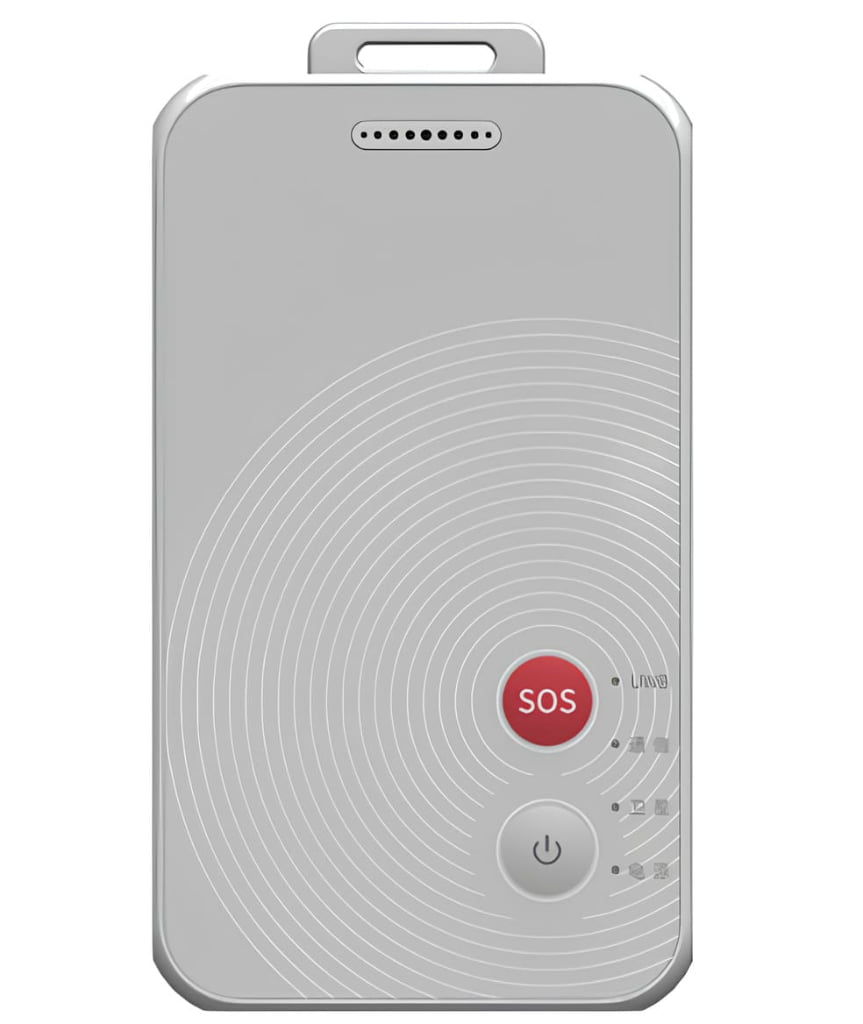 A white emergency alert device with a large red SOS button, a power button, indicator lights, and a speaker grille at the top.
