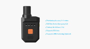 A black handheld device with an orange SOS button is shown next to a list of features including accurate positioning, emergency call, 24-hour battery, TTS voice, and optional UWB positioning.