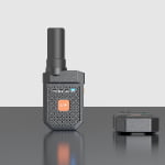 Two black handheld communication devices are shown; one stands upright displaying an orange "SOS" button and indicator lights, while the other lies flat on a reflective surface.