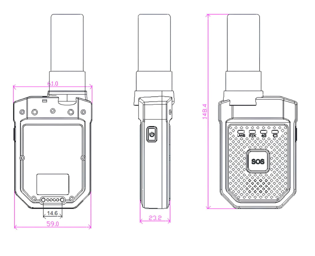 Technical line drawing of a handheld two-way radio shown from three angles with labeled measurements in millimeters and an SOS button visible on the back.