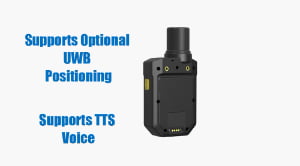 A compact black device with a cylindrical top; blue text reads "Supports Optional UWB Positioning" and "Supports TTS Voice.