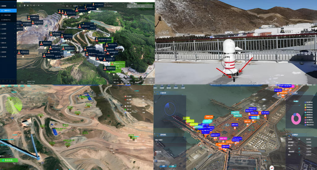 Collage of four images showing digital maps with labeled sites, an industrial drone on a snowy rooftop, and aerial views of construction and port areas with marked locations.