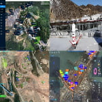 Collage of four images showing digital maps with labeled sites, an industrial drone on a snowy rooftop, and aerial views of construction and port areas with marked locations.