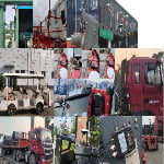 Collage of various vehicles and equipment, each marked with red circles highlighting mounted GPS or sensor devices in different outdoor and industrial settings.