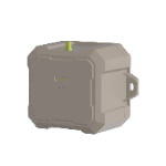 A gray, rectangular WX UWB Beacon with a small green button on top, LED indicators on the front, and a mounting bracket on the side.