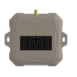 Gray rectangular electronic device with a black panel, LED indicators, and two side mounting flanges; a yellow cable extends from the top—designed as a WX UWB Beacon for advanced positioning applications.