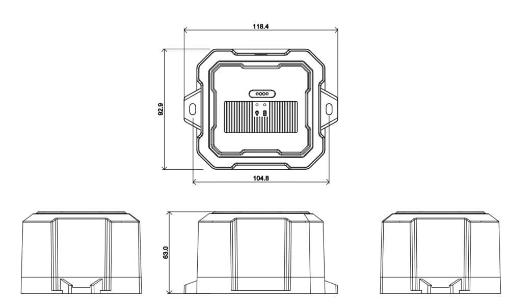 Technical drawing of a rectangular device with top and three side views, showing dimensions: 118.4 mm width, 104.8 mm depth, and 69 mm height.