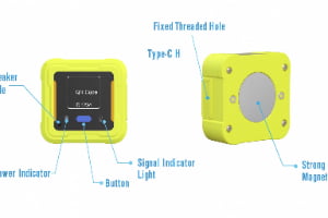 Diagram of a yellow device with labeled parts: speaker hole, power indicator, button, signal indicator light, fixed threaded hole, Type-C H port, and strong magnet.