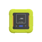 A small, square electronic device with a black front, green protective case, display showing Chinese text, "ID:1234," and various indicator icons.