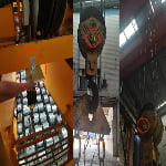 Three industrial crane hooks are shown from different angles, each with a small white sensor or device circled in red attached to the crane structure.