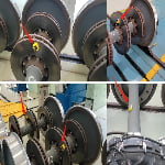 Four images show close-up views of train wheelsets with a yellow measuring device placed at different points, each indicated by a red arrow.