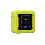 A small, square electronic device with a yellow casing and a black screen displaying Chinese text, an ID number, and several icons.