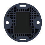 Round, black plastic mounting plate with two large holes on either side and several smaller slots and grid-like patterns around a central rectangular area.