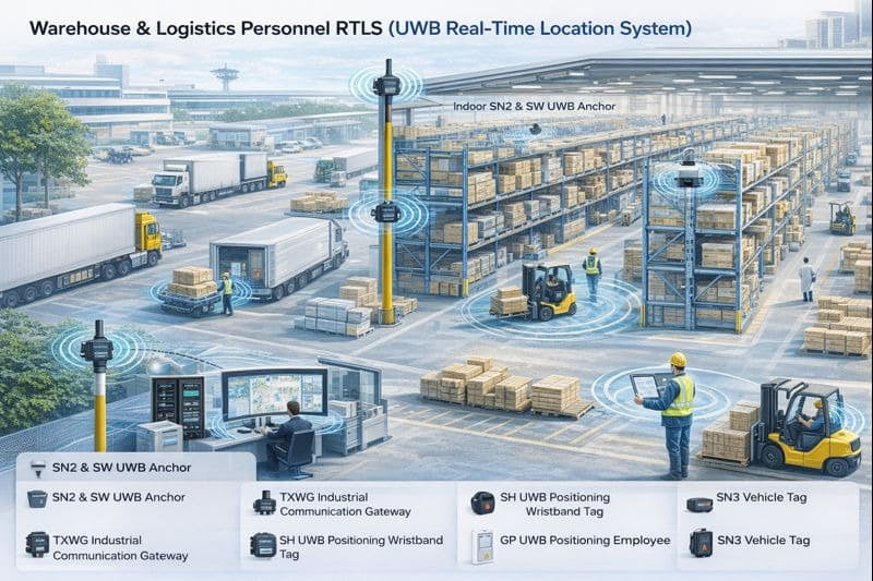 Warehouse with forklift anti-collision UWB tags and BLE asset tracking gateways
