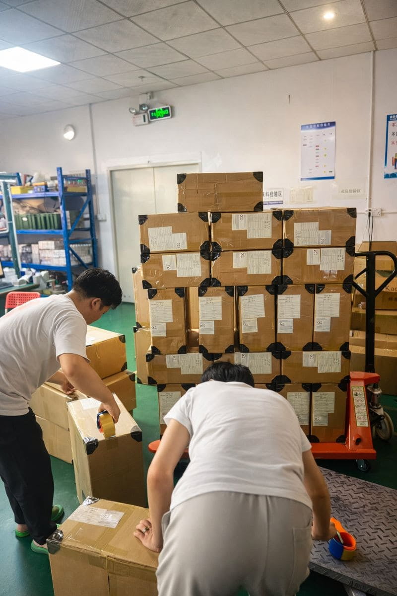 Export packaging with batch labels, compliance docs, and protective foam inserts